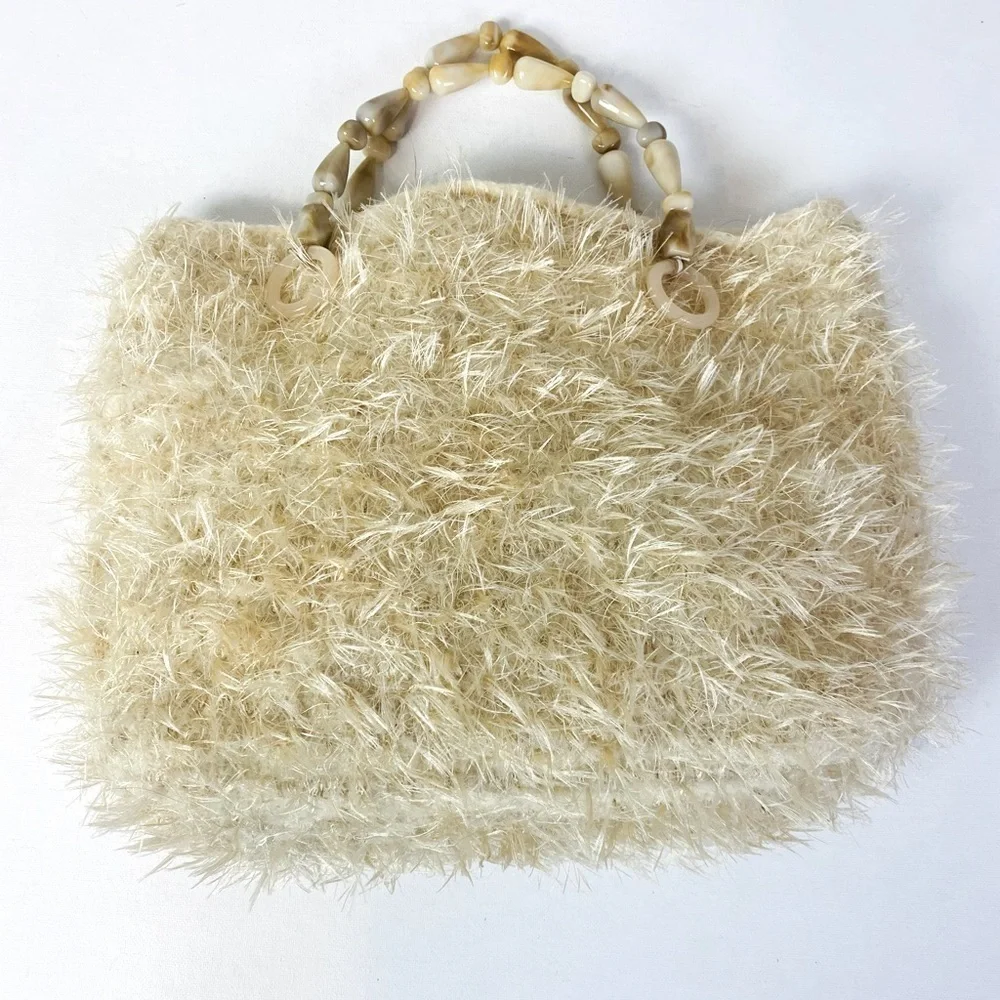 Boho Eyelash Cream Fabric Double Beaded Handle Purse 10” x 13” x 3”